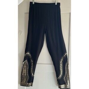 ASHRO Black Wide Leg Gold Embellished Elastic Waist Pants Size S 100% Rayon